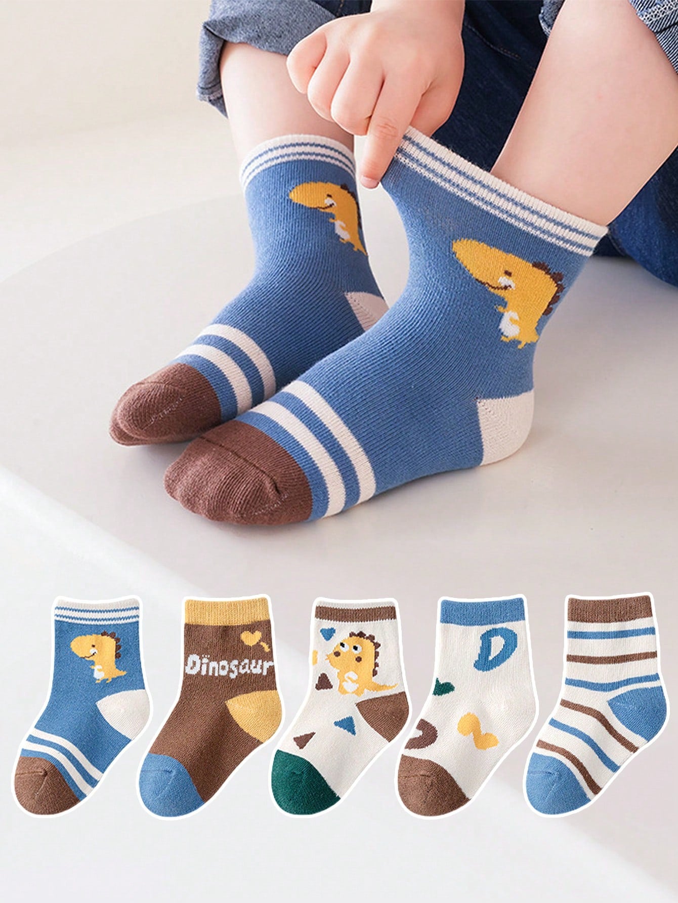 5 Pairs Cartoon Neck Dinosaur Design Children's Socks, Mid-Calf, For Spring And Autumn