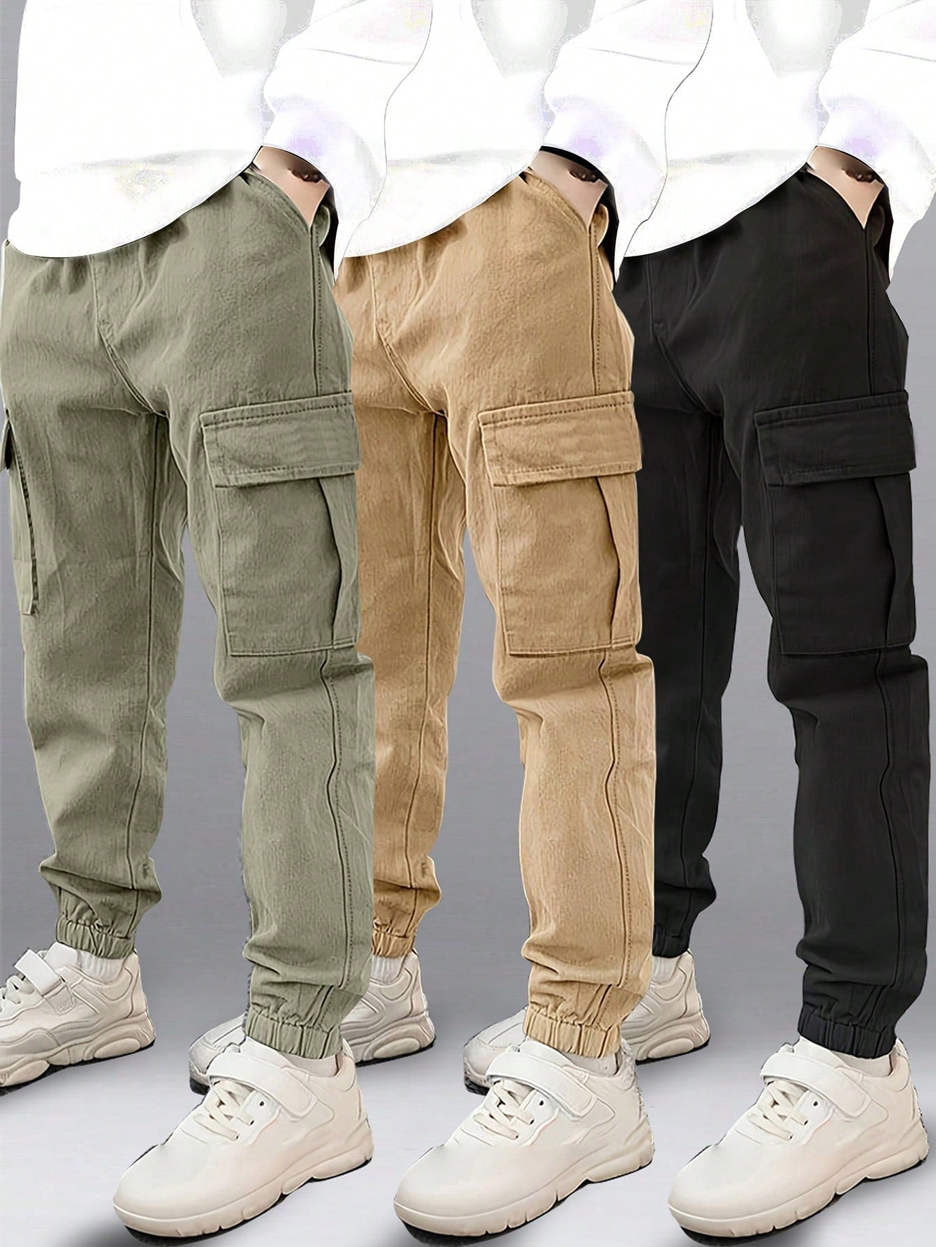 3pcs Tween Boys' Simple Casual Outdoor Exercise Sports Pocket Straight Leg Cargo Pants, Spring And Fall