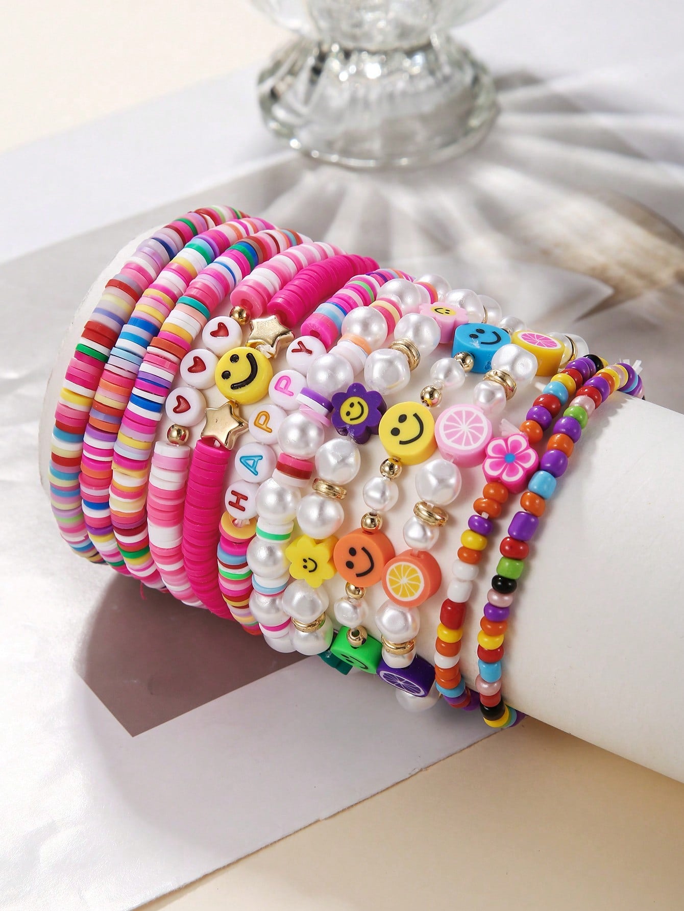 12pcs/Set Children's Colorful Soft Pottery Faux Pearl CCB Rice Bead Elastic Stretch Fashion Bracelet Set With Smiling Faces, Five-Pointed Stars, Fruits And Flowers, Suitable For Daily Wear