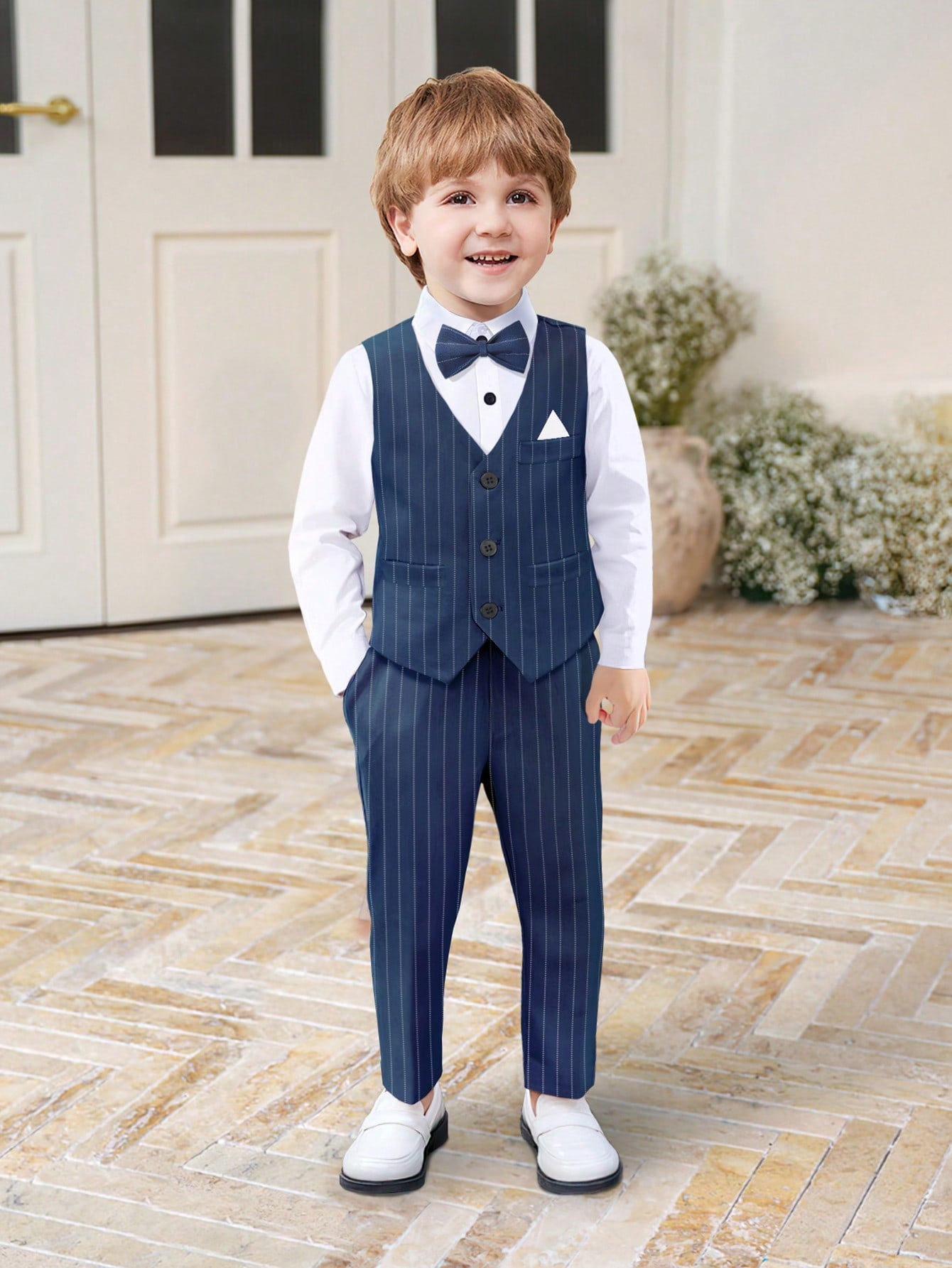 Young Boy 2024 New Style Gentleman Formal Wear 4pcs/Set, Including White Shirt, Striped Vest, Pants & Bow Tie, College Style Performance Attire For Wedding Or Festival