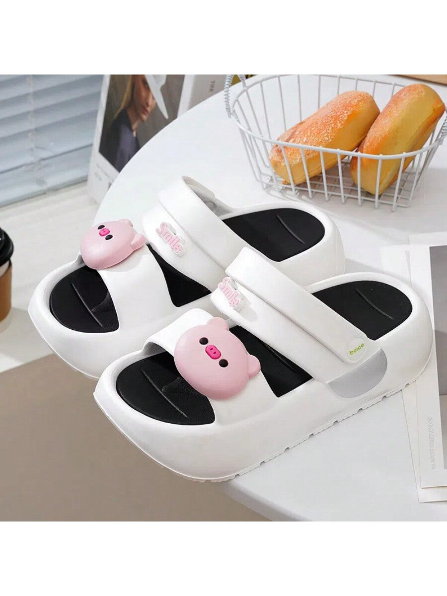 Cute Piggy Step-On Thick-Sole Ladies' Slippers, Summer Home Anti-Slip & Odor-Proof Slide Sandals, Outdoor Flip Flops, Fashion Casual Versatile Ladies Slip-Resistant Comfy Soft-Sole One-Strap Slides