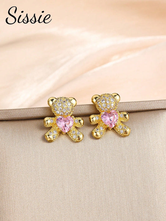 1pair Cute Delicate Glittering Cubic Zirconia Pink Love Diamond Bear Stud Earrings For Girls For Party Banquet Holiday Street Dates Daily Life For Children Birthday Gift Back To School