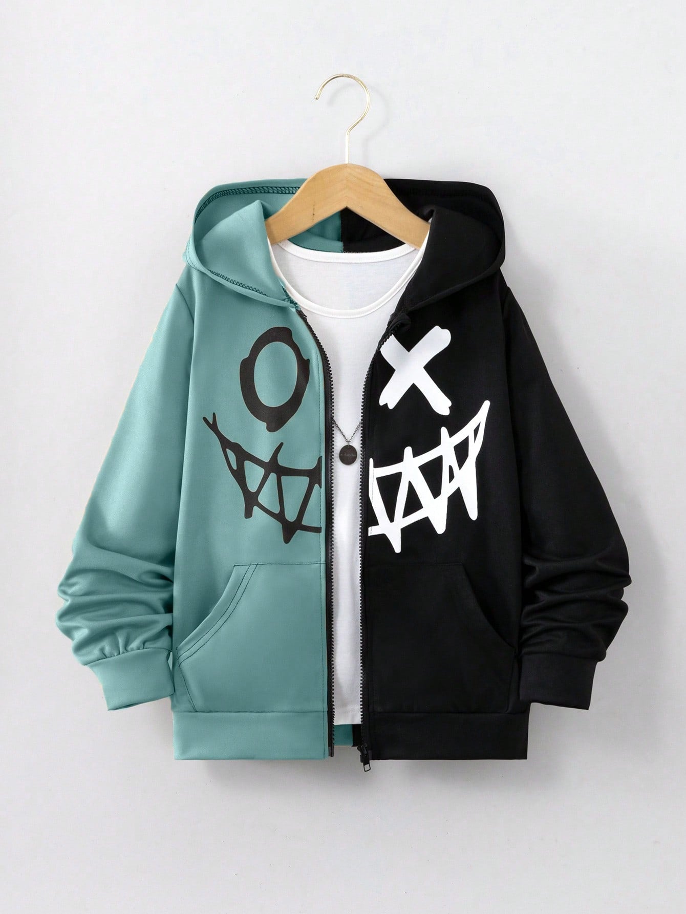 Teen Boy Expression Print Two Tone Zip Up Hoodie Without Tee