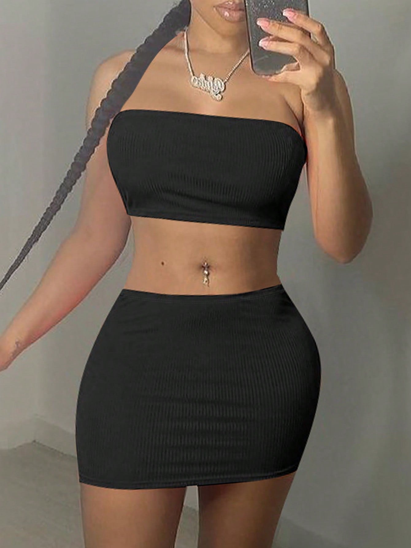 Women's Slim Fit Solid Color Strapless Crop Top And Mini Skirt Set For Summer