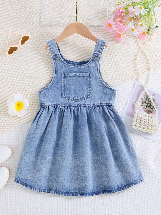 Girls' Cute Pocket Casual All-Match Denim Jumpsuit, Multi-Season Suitable