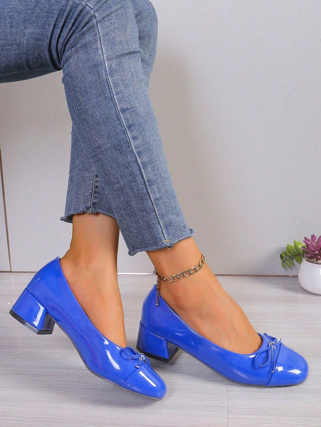 New Arrival Classic Women's Blue High Heels, Niche Square Toe Ballet Shoes, Chunky/Low Heels, Bowknot, Shallow Mouth, French Vintage Patent Leather, Elegant Work Shoes