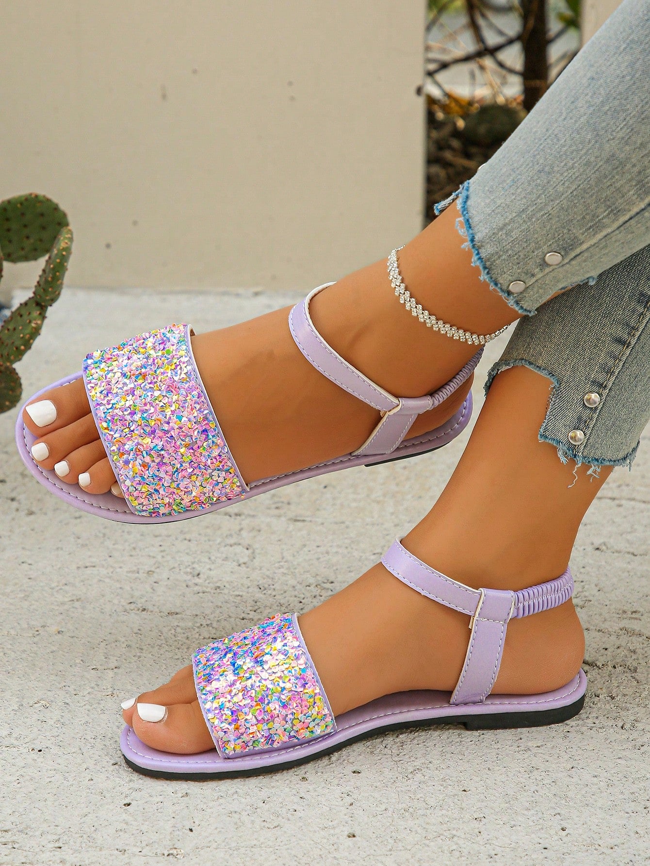 Women's Elastic Ankle Strap Low Heel Flat Sandals With Glitter Decor, Elegant And Stylish Summer New Arrival, Versatile Light Purple Sandals For Skirts