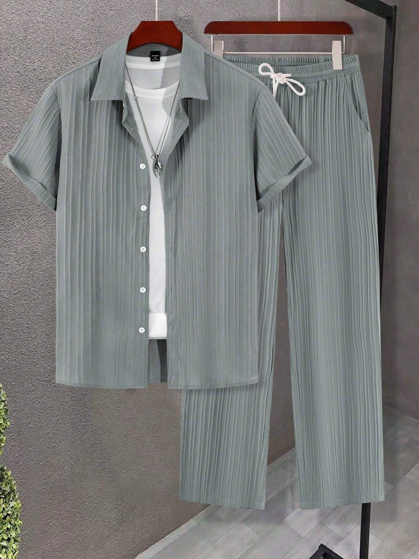 Men Solid Button Up Shirt & Drawstring Waist Pants Without Tee