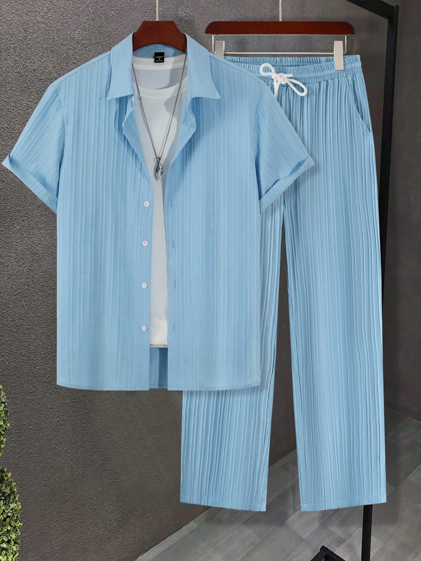 Men Solid Button Up Shirt & Drawstring Waist Pants Without Tee