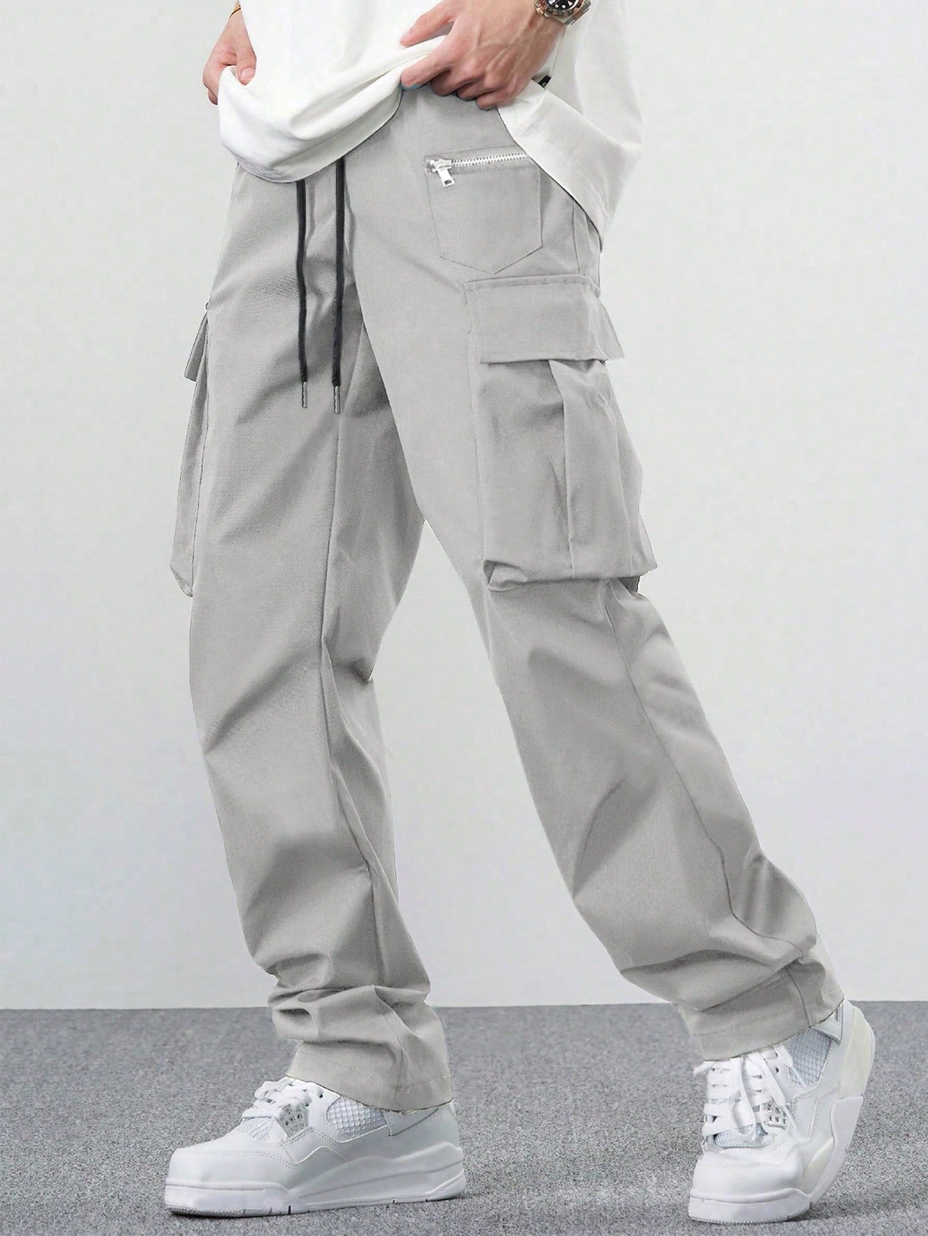 Loose-Fit Men's Cargo Pants With Flap Pocket, Side Drawstring And Elastic Waist