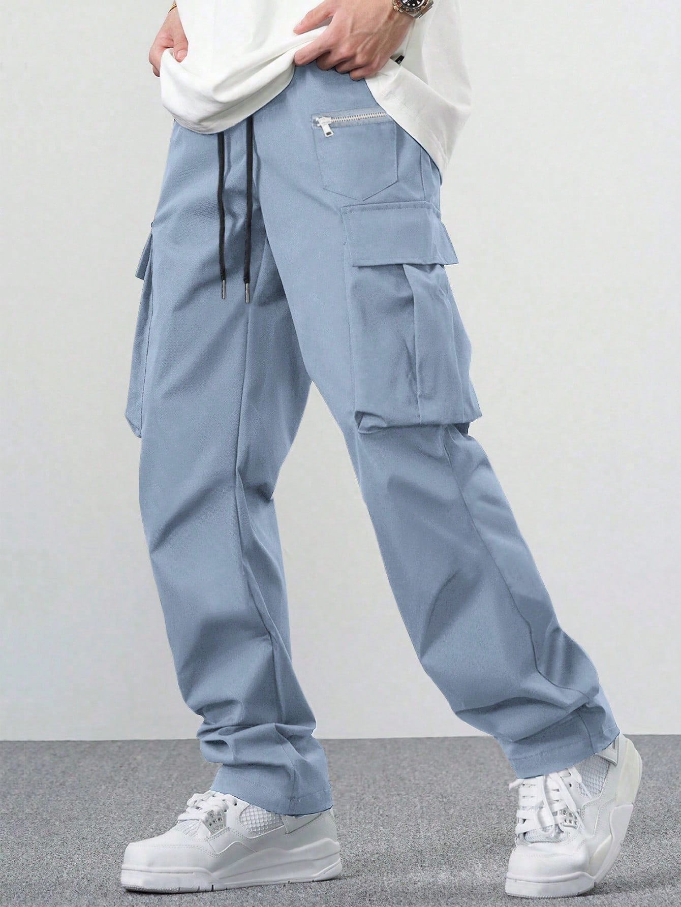 Loose-Fit Men's Cargo Pants With Flap Pocket, Side Drawstring And Elastic Waist