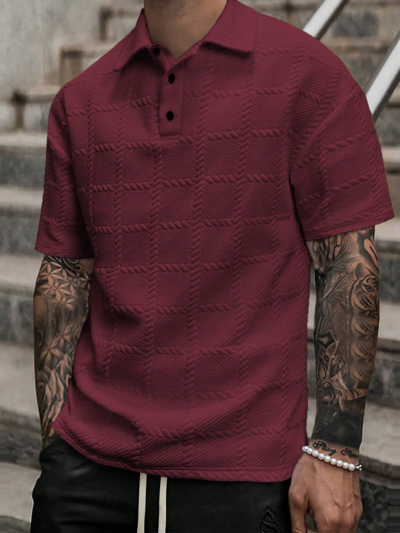 Men's Spring/Summer Solid Textured Short Sleeve Polo Shirt