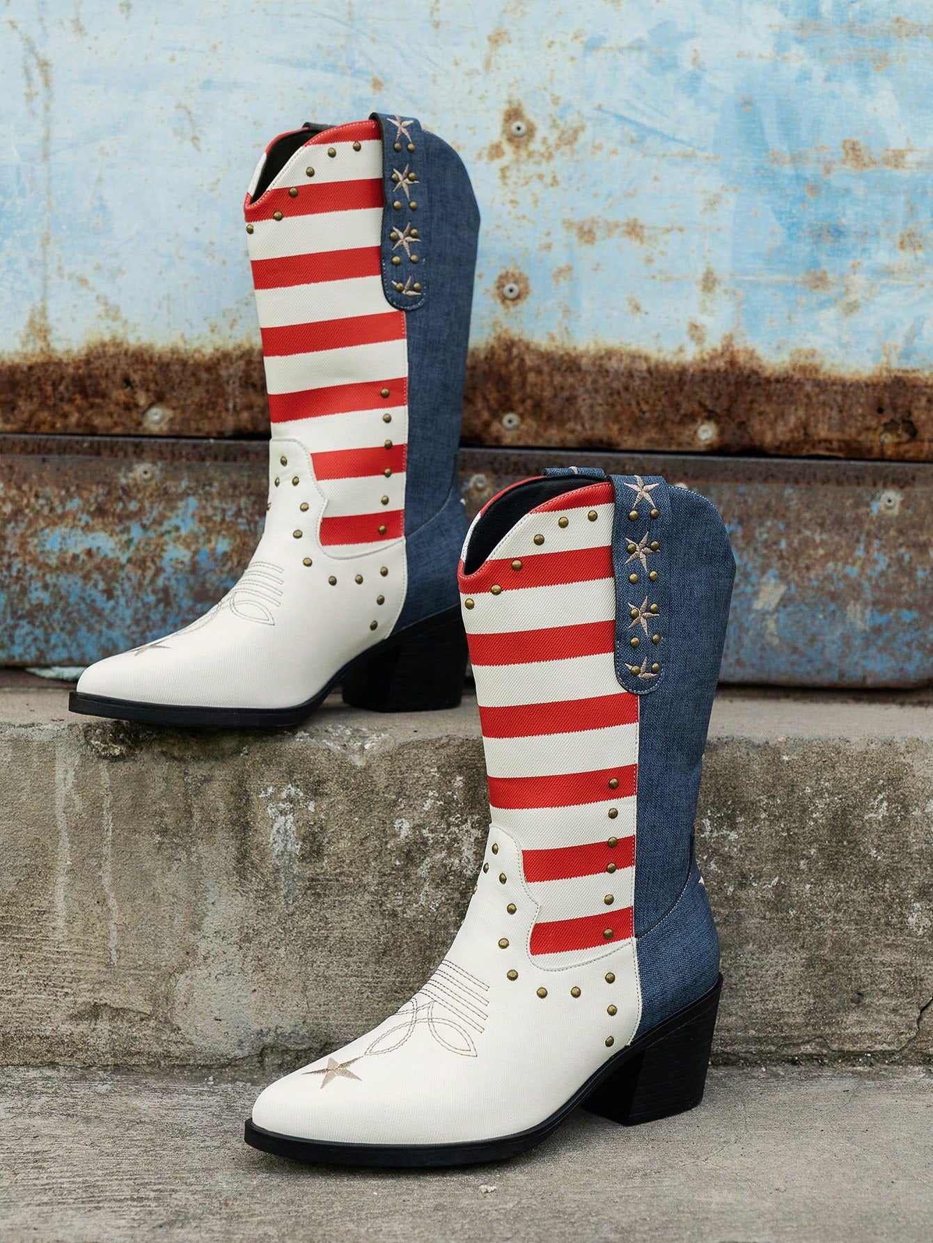 Women's New Pointed Toe V-Shaped Studs Pentagram Embroidered Western Style Horse Riding Boots, Outdoor Fashion High-Heeled Slip-On Mid-Calf Boots