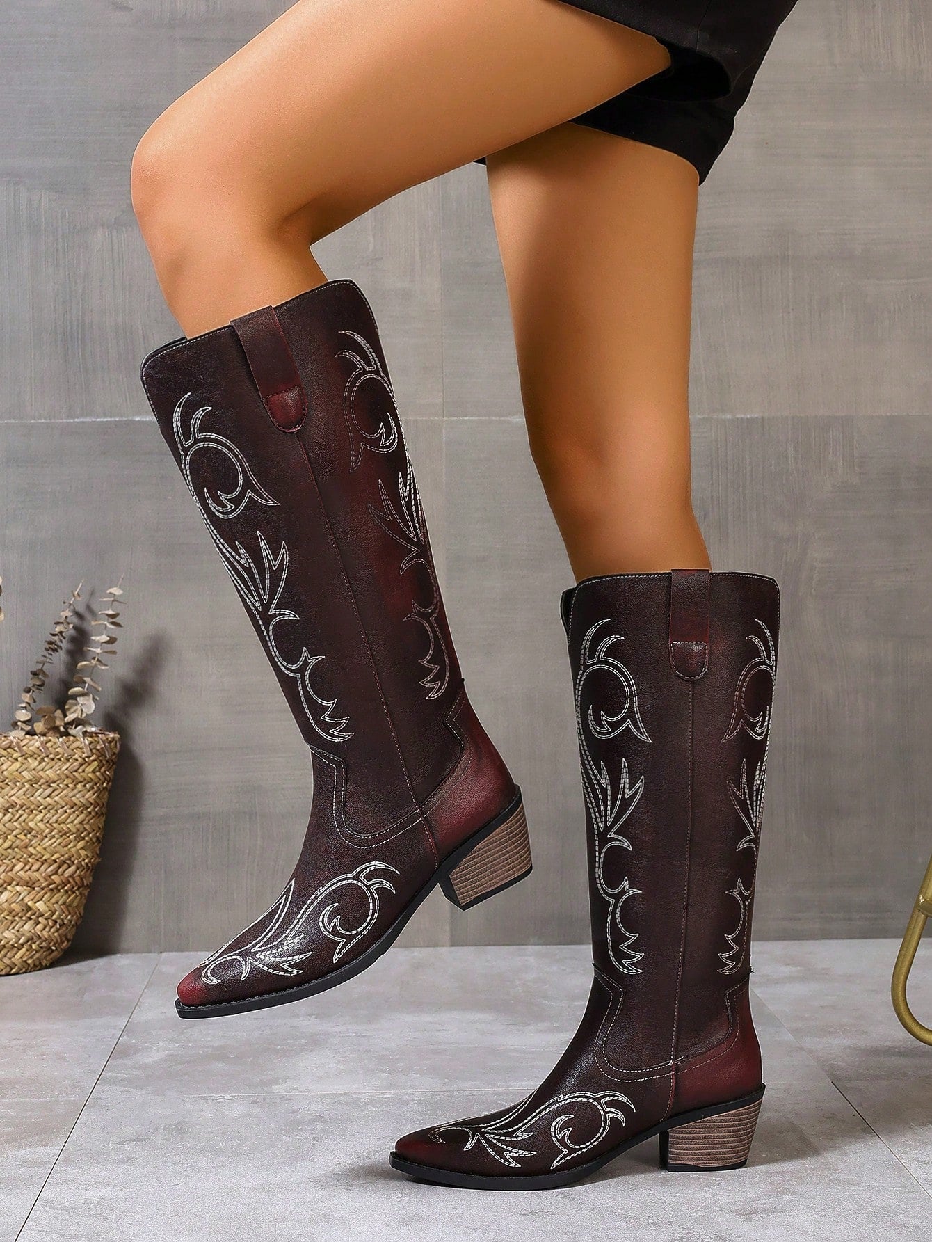 Embroidered Distressed Flower Pattern Random Irregular Lines Chunky Heel Mid-Calf Pointed Toe Elegant Riding Boots, Western Style All-Match Fashion Women's Boots