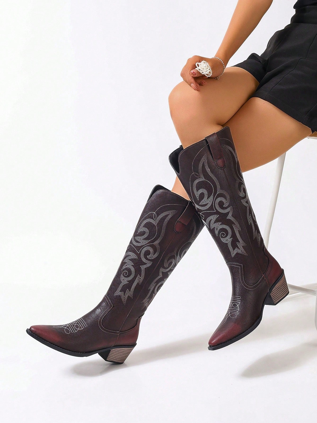 Embroidered Distressed Flower Pattern Random Irregular Lines Chunky Heel Mid-Calf Pointed Toe Elegant Riding Boots, Western Style All-Match Fashion Women's Boots