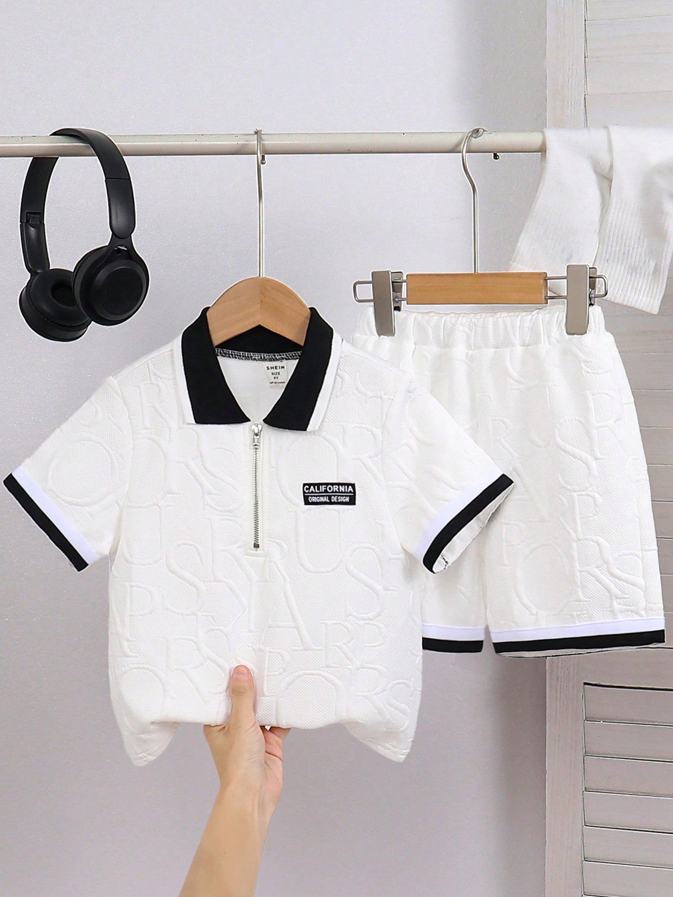 2pcs Young Boy Casual Street Style Turn-Down Collar Half Zip Sweatshirt With Weaved Cuff And Shorts Knitted Outfit