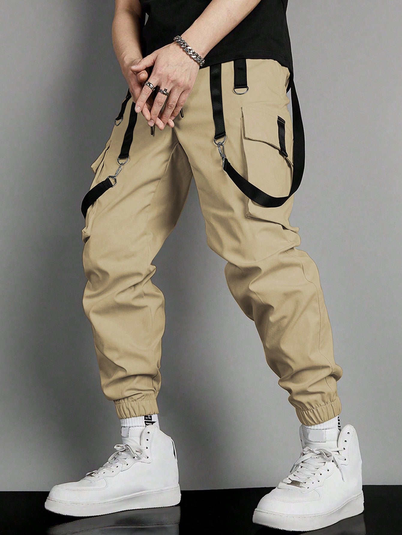 Men Flap Pocket Buckle Detail Cargo Pants Long Slacks Plain All White Going Out