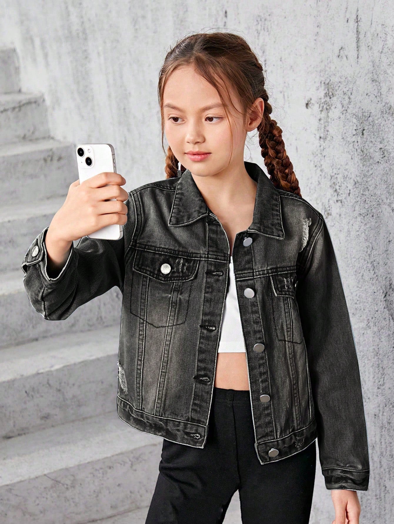 Tween GIrl Boho  Casual Street Medium Wash Ripped Destroy  Denim Jacket , Girls Daily Fashion Outfits