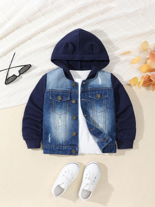 Boys' Retro Personalized Stylish Ripped Loose Fit Hooded Denim Jacket With Splice Design