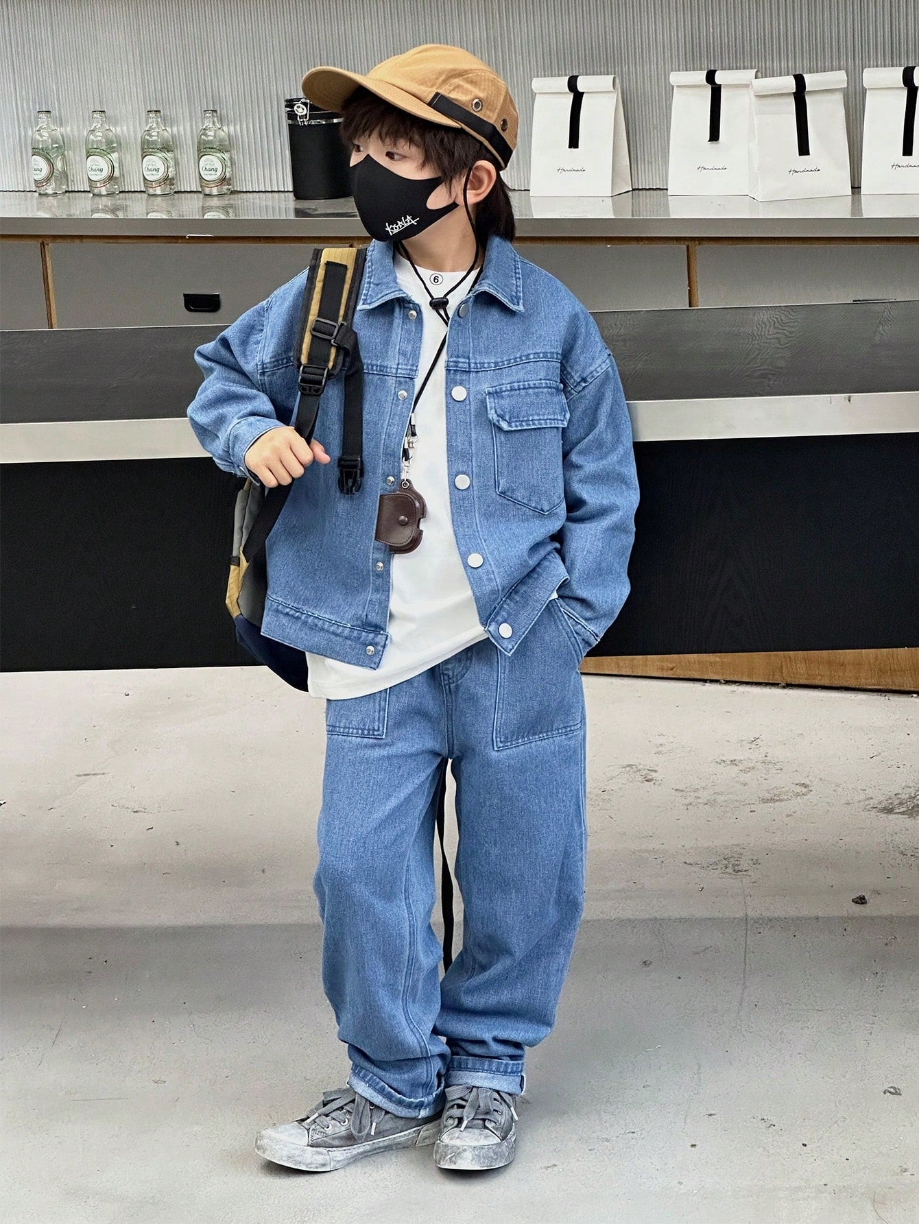 Kids URBAN STREET CASUAL TWEEN BOY BUTTON FASTENING FLAT POCKETS LONG SLEEVES SHIRT & BAGGY JEANS TWO PIECE SET, AUTUMN WINTER DAILY ITEM