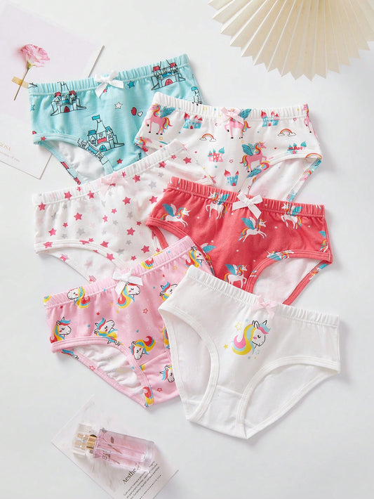 6pcs Young Girls' Cute Cartoon Pattern Knitted Comfortable And Breathable Triangle Panties With Ribbon Decoration