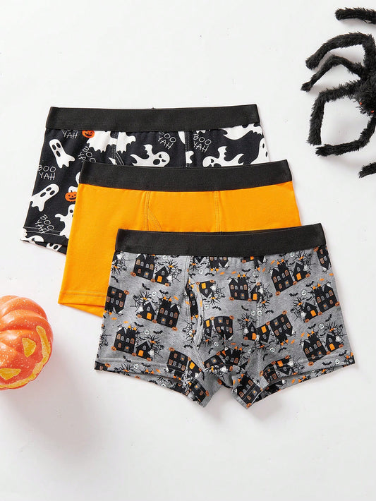 3pcs Young Boy Halloween Cartoon Ghost Pattern Knit Comfortable Antibacterial Boxers