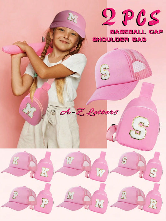 2pcs/Set Kids 26 Letters Baseball Cap And Backpack Set, Girls Daily Fashion Back To School Use