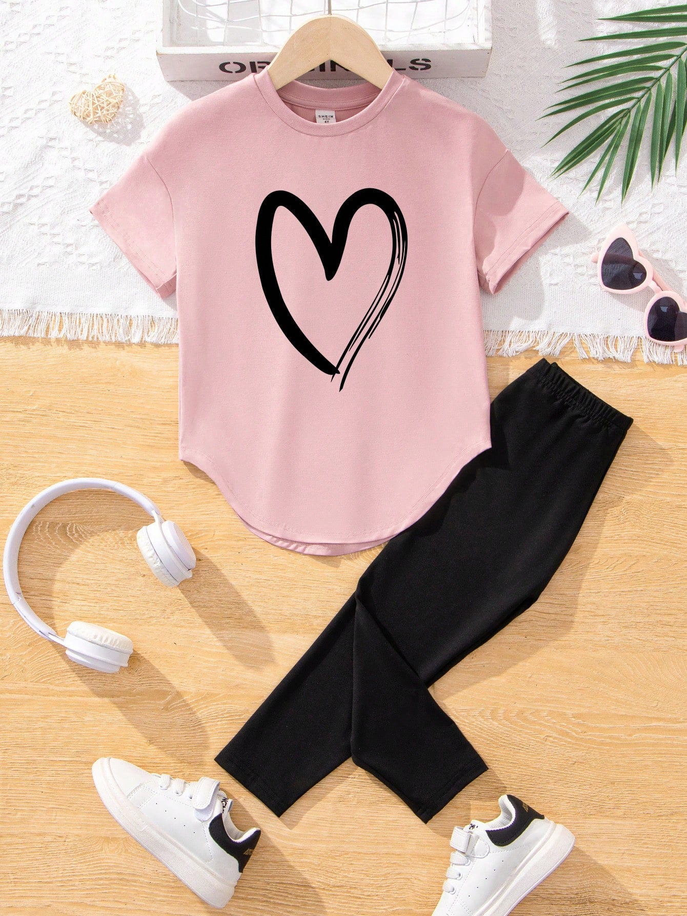 Young Girl 2pcs/Set Casual Heart Pattern Pink Short Sleeve T-Shirt And Long Pants, Summer