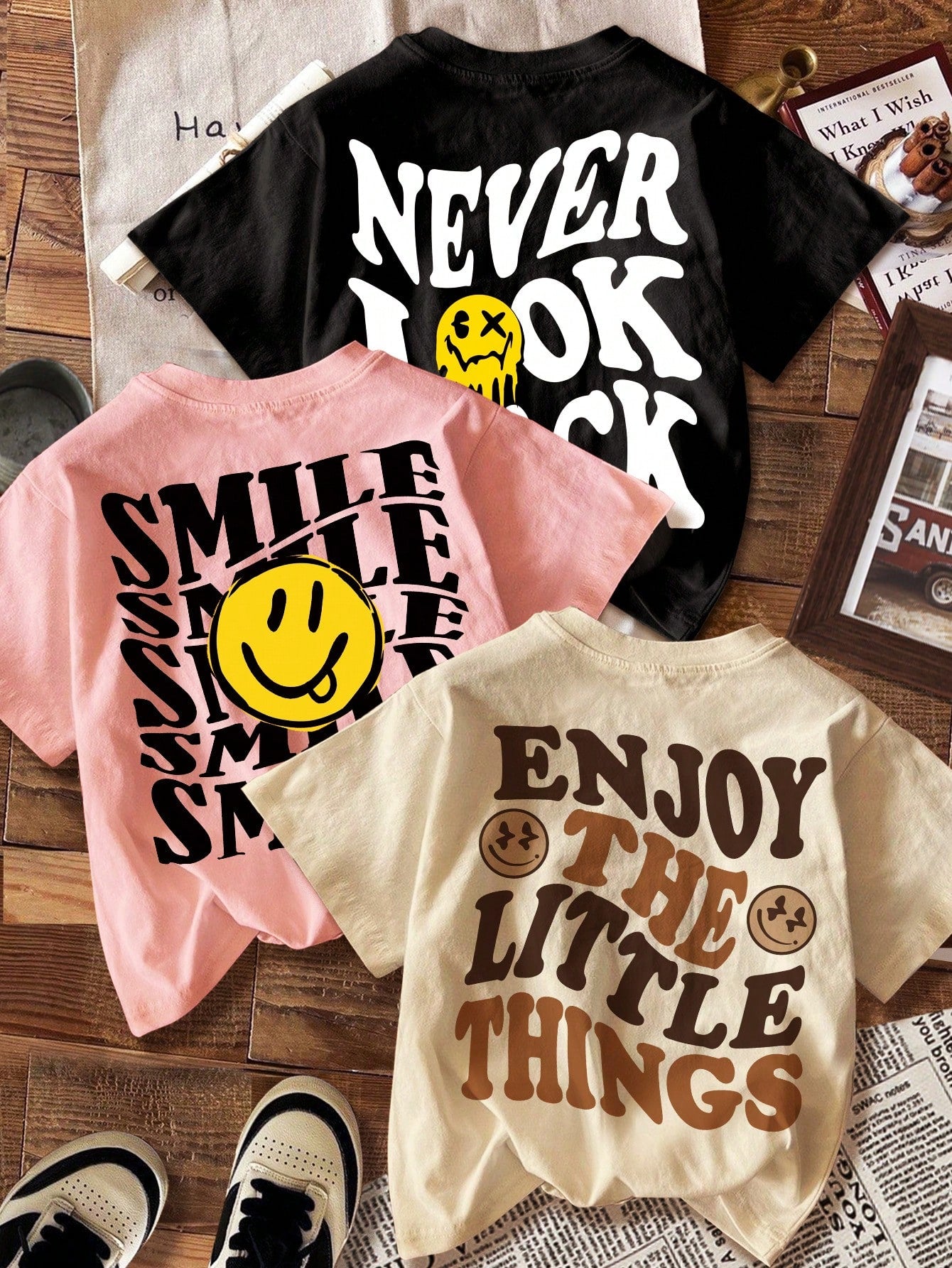 3pcs Tween Girls Casual Cartoon Graphic Print Short Sleeve T-Shirts, Comfy Funny Smile Face Back To School Summer Outfits