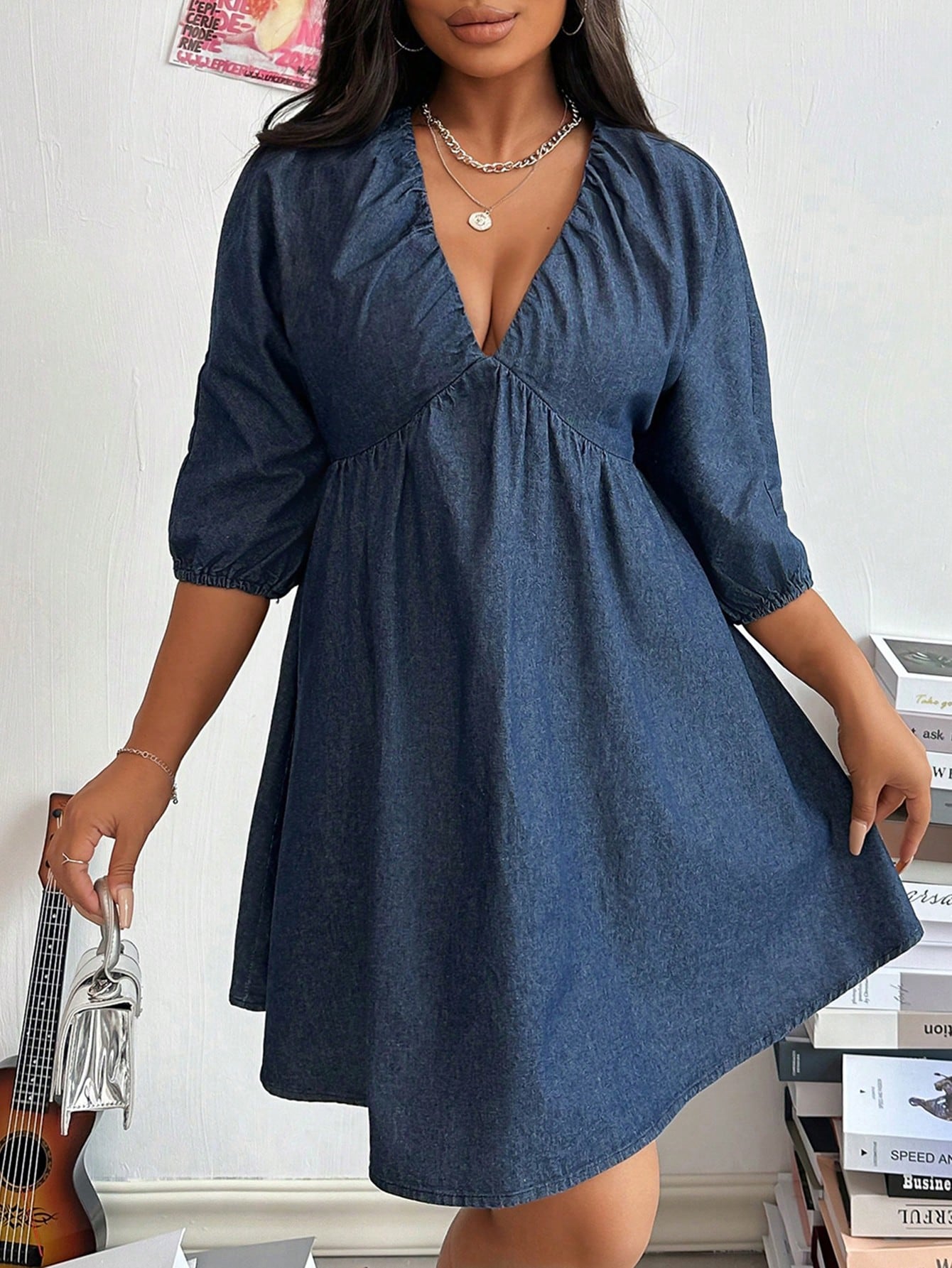 Plunging Neck Lantern Sleeve Denim Dress