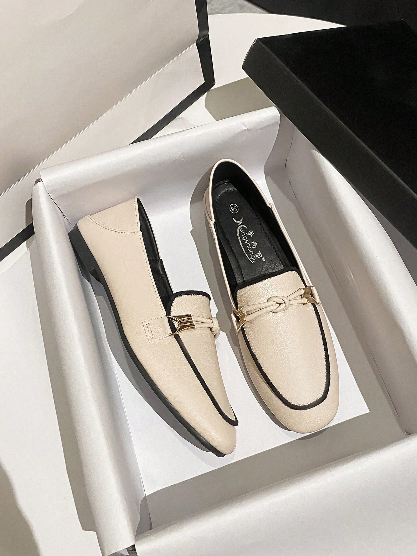 Women Knot Decor Square Toe Loafer Flats, Elegant Beige Color Block Flat Shoes