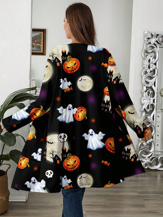 Plus Size Women's Casual Halloween Pattern Loose Long Sleeve Cardigan Thin Jacket For Autumn Party