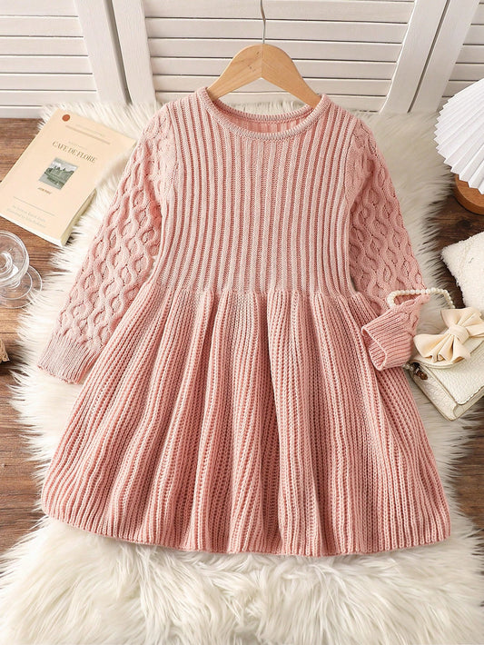 Little Girls' Pink Solid Color Fashionable & Comfortable Knitted Dress, Featuring Warm, Versatile And Elegant Style, Flattering Waistline And Floor-Length Skirt, Long Sleeved With Round Neckline, Great For Home Wear, Daily Outings, School, Outdoor Activit