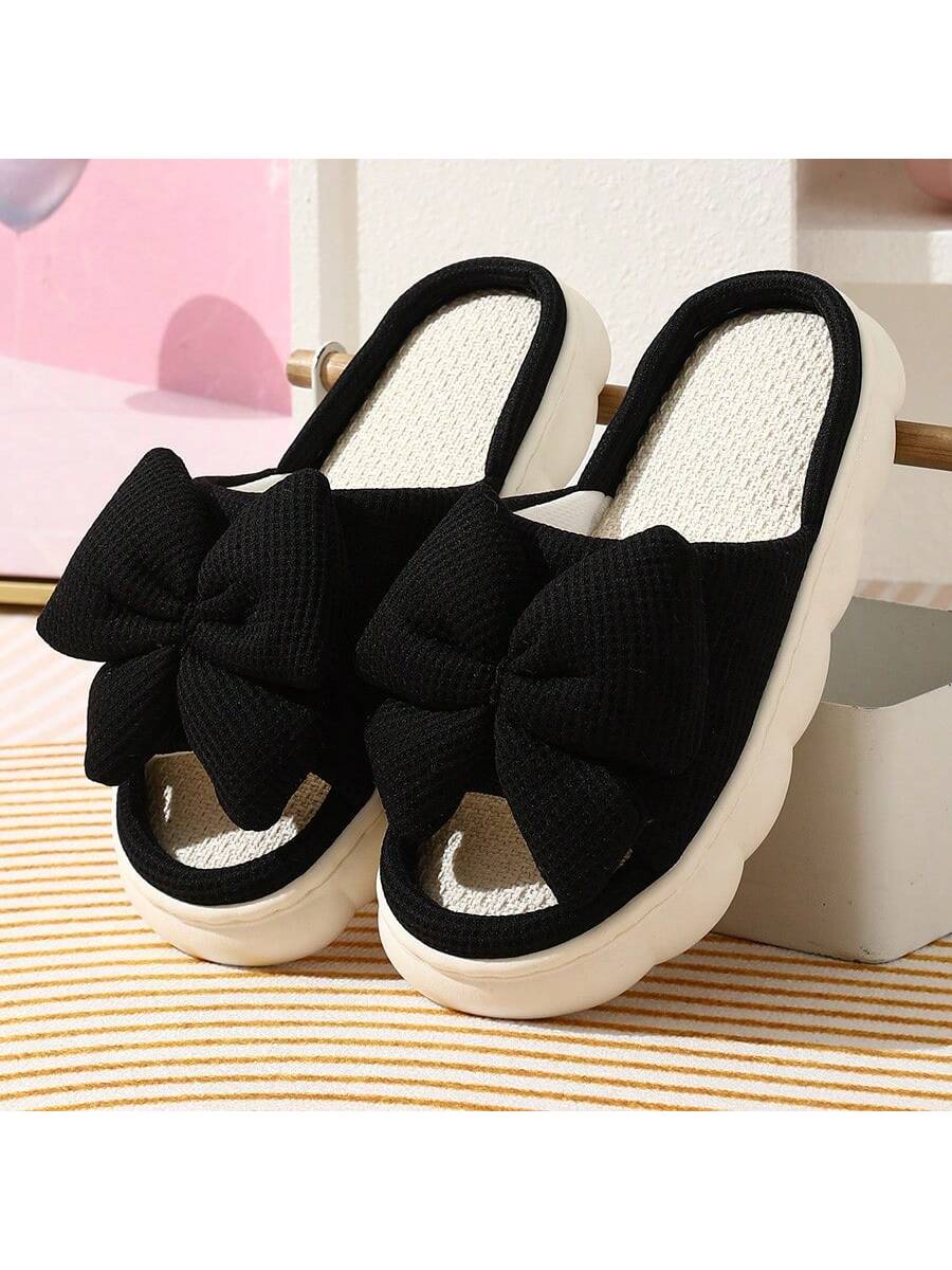 Women's Fashion Linen Bow Slippers, Breathable And Moisture-Wicking For Indoor/Home Use, Summer