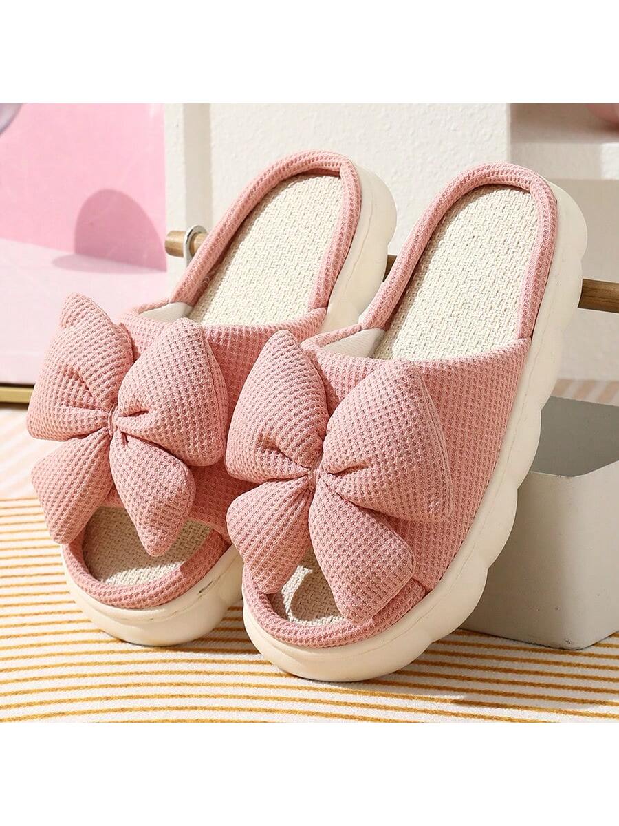 Women's Fashion Linen Bow Slippers, Breathable And Moisture-Wicking For Indoor/Home Use, Summer