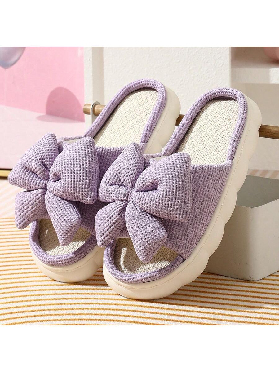 Women's Fashion Linen Bow Slippers, Breathable And Moisture-Wicking For Indoor/Home Use, Summer