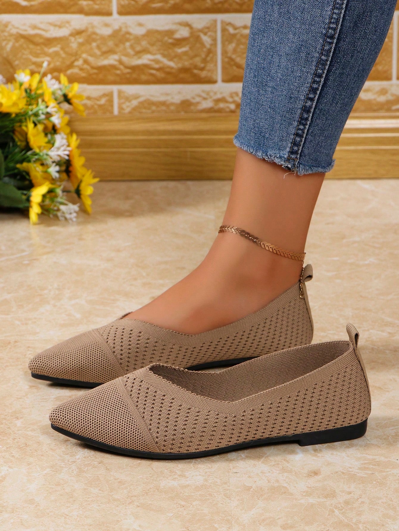 Women's Knitted Pointed Toe Flat Lightweight Mesh Flats, Comfortable Breathable Spring & Autumn Shoes