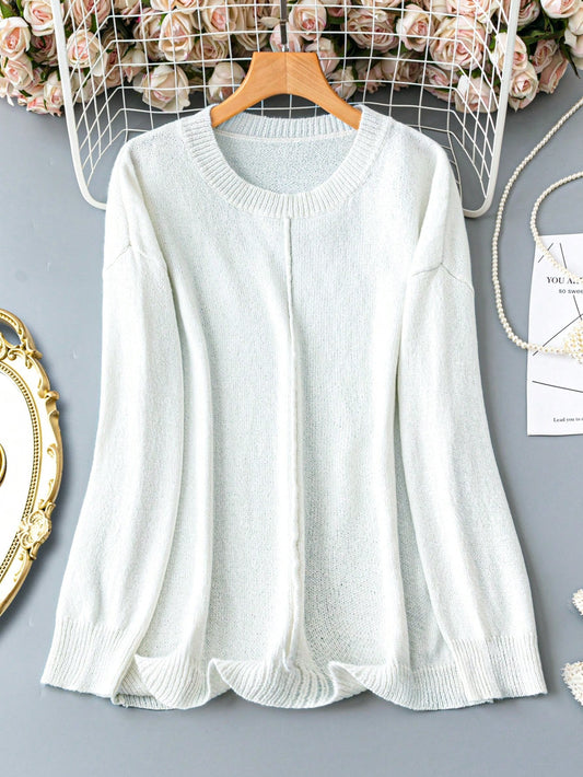 Plus Size Solid Color Drop-Shoulder Sweater For Spring And Autumn