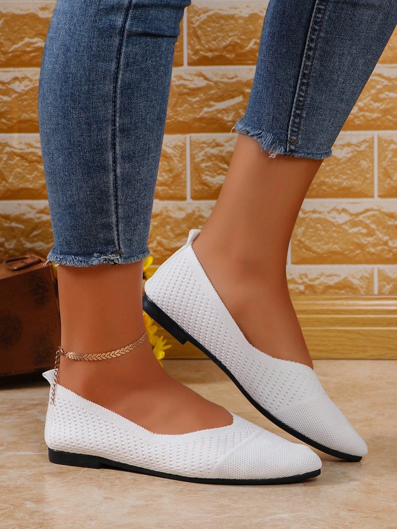 Women's Knitted Pointed Toe Flat Lightweight Mesh Flats, Comfortable Breathable Spring & Autumn Shoes