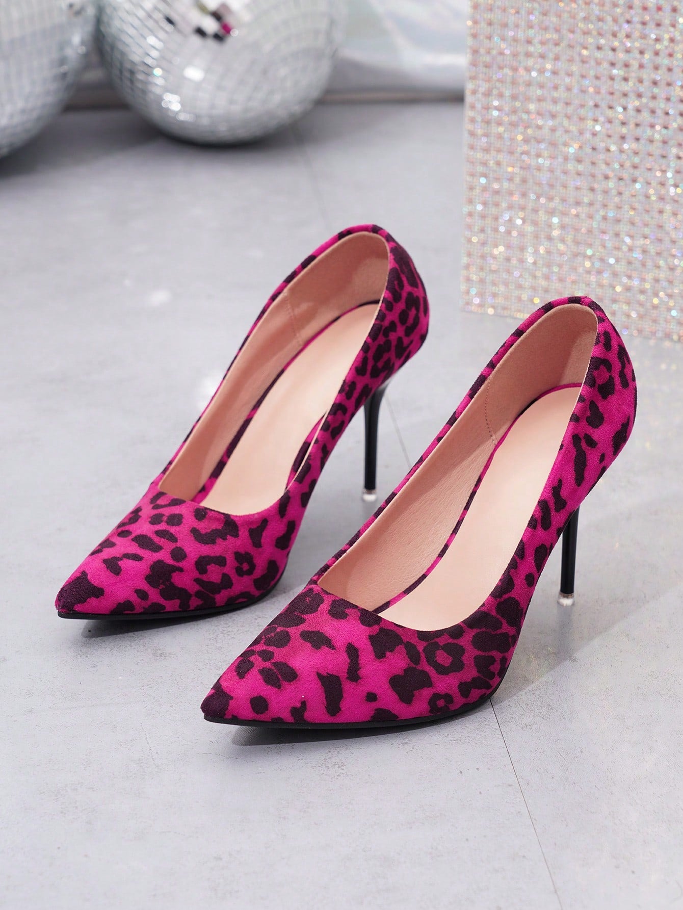 Fashionable European And American Style Sexy Leopard Printed Suede Thin Heeled Shallow Mouth High Heel Shoes