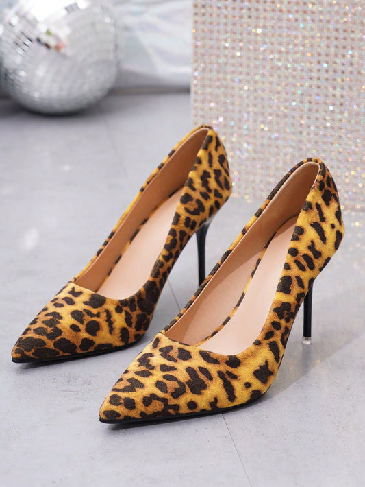 Fashionable European And American Style Sexy Leopard Printed Suede Thin Heeled Shallow Mouth High Heel Shoes