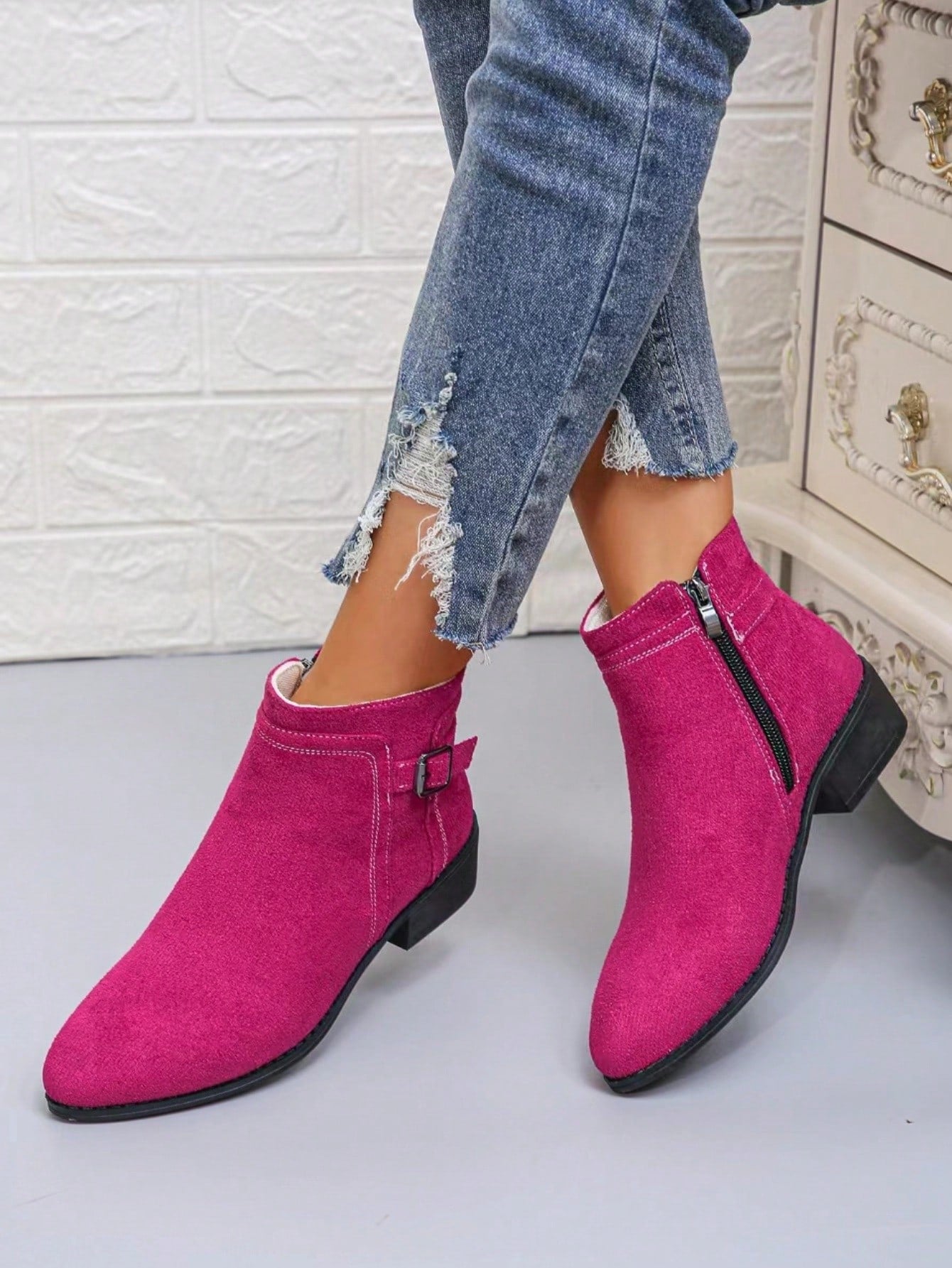 Women's Ankle Boots & Short Boots, New Fall Winter Thick Heel Short Boots, Plus Size Suede Pointed Toe Buckle Strap Square Heel  Boots