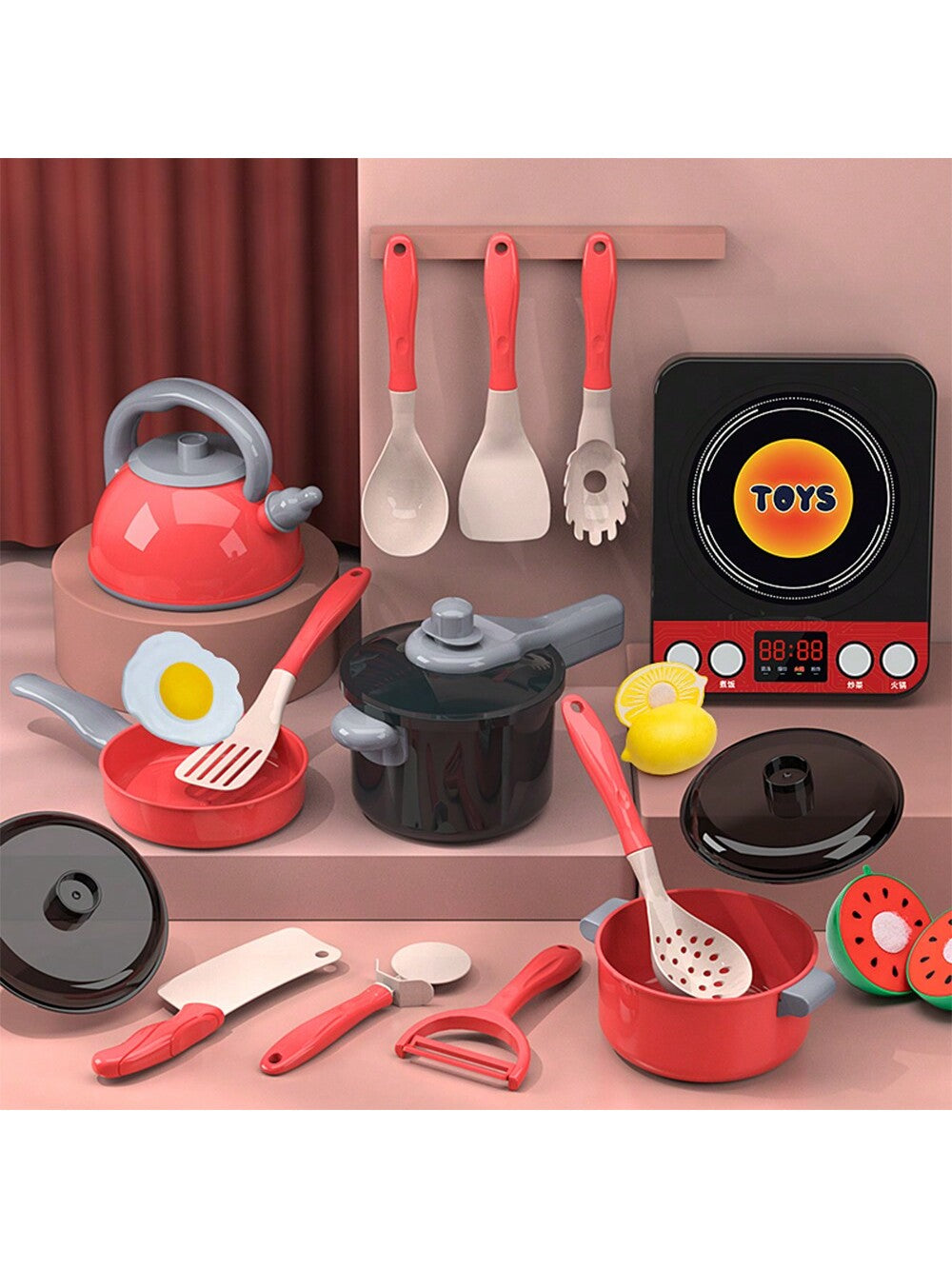 Play House Kitchen Red Color Set  Simulated Induction Cooker Kitchen Ware Pretend Game Girl's Gift