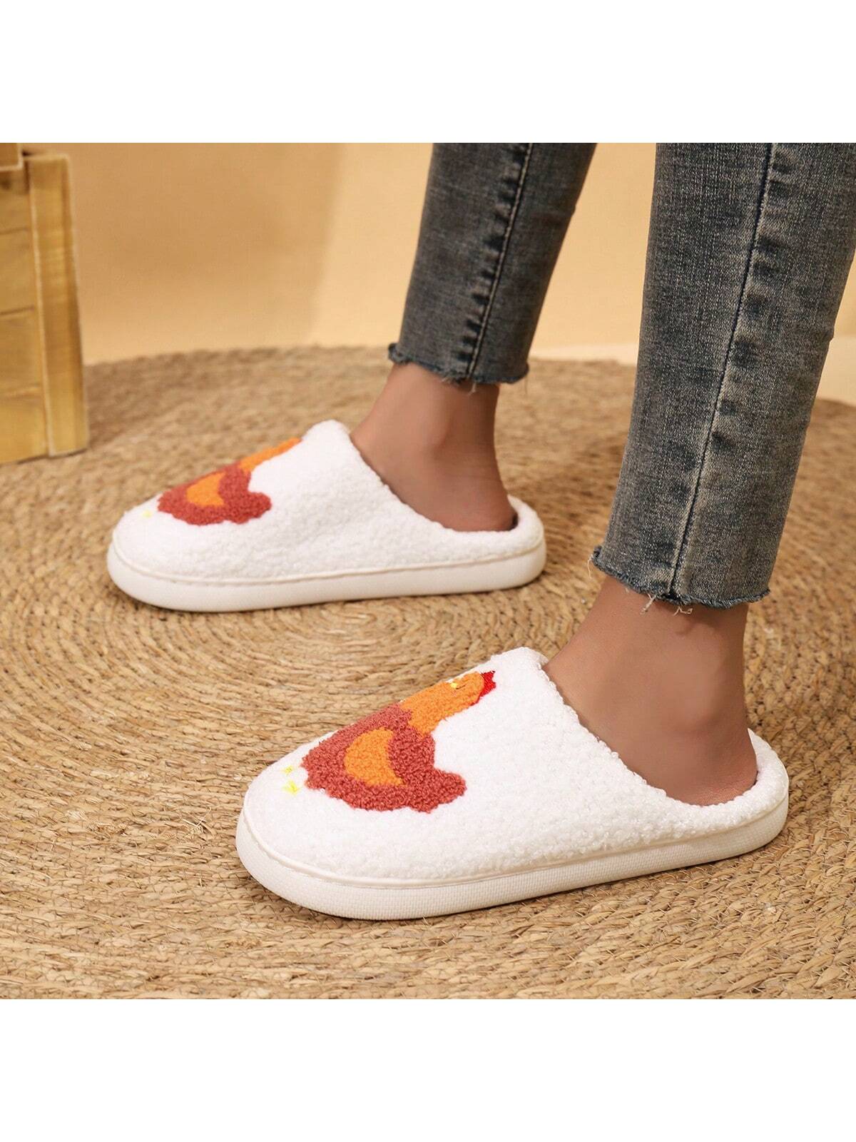 Women's Casual Fuzzy Indoor Slippers, Embroidered Pumpkin Design, Autumn/Winter