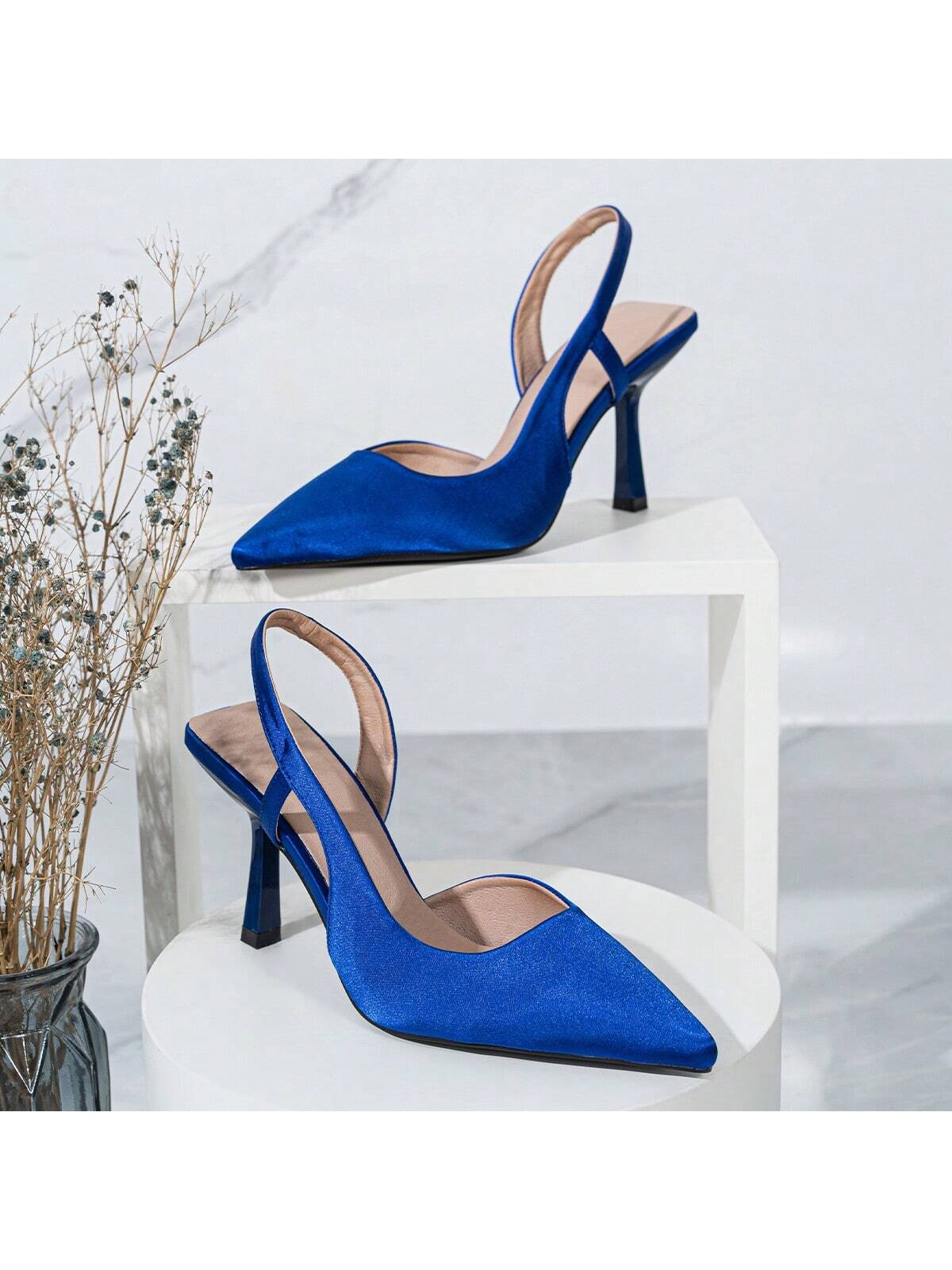 Fashionable Solid Color Lady's Pointed Satin High-Heeled Shoes With Open Heel And Back Strap