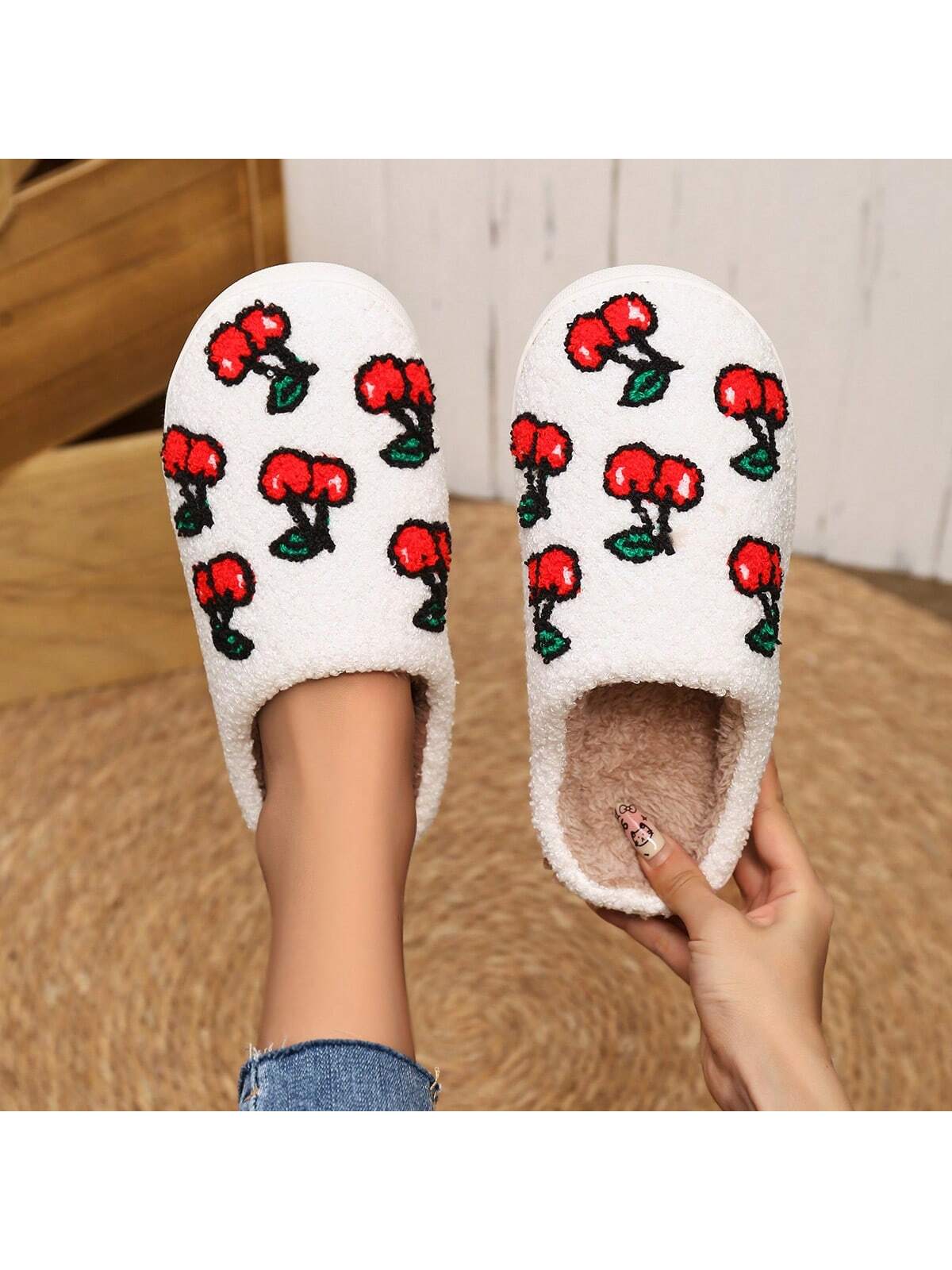 Women's Casual Plush House Slippers With Embroidered Strawberry Design, Autumn-Winter Style