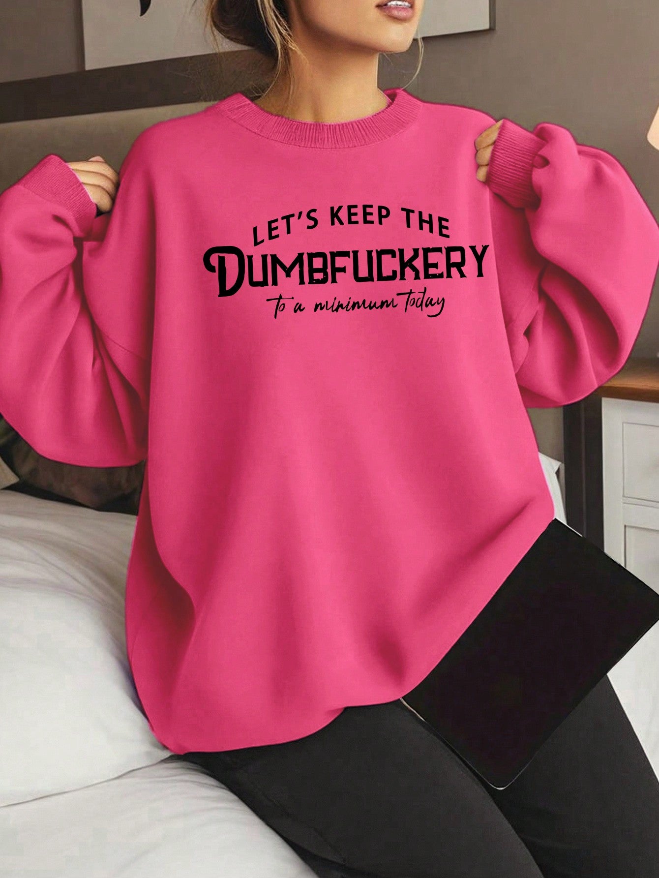 Plus Size Women's Slogan Letter Print Crew Neck Long Sleeve Sweatshirt, Sportswear