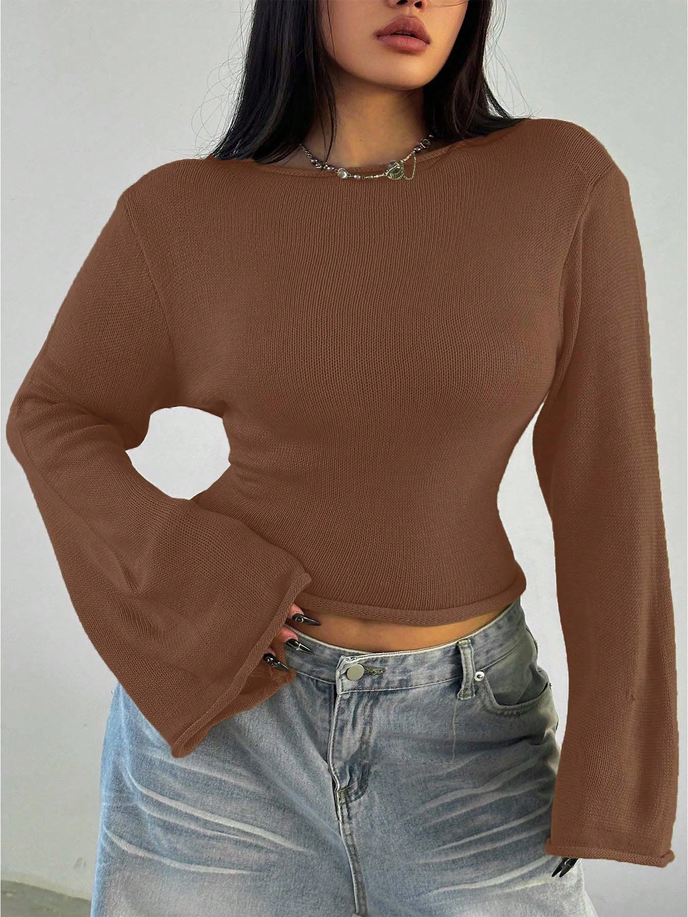 Casual Sexy Solid Color Plus Size Sweater With Flare Sleeves