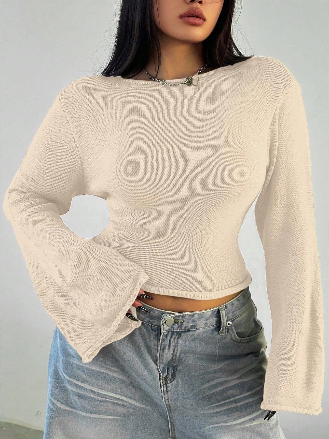 Casual Sexy Solid Color Plus Size Sweater With Flare Sleeves