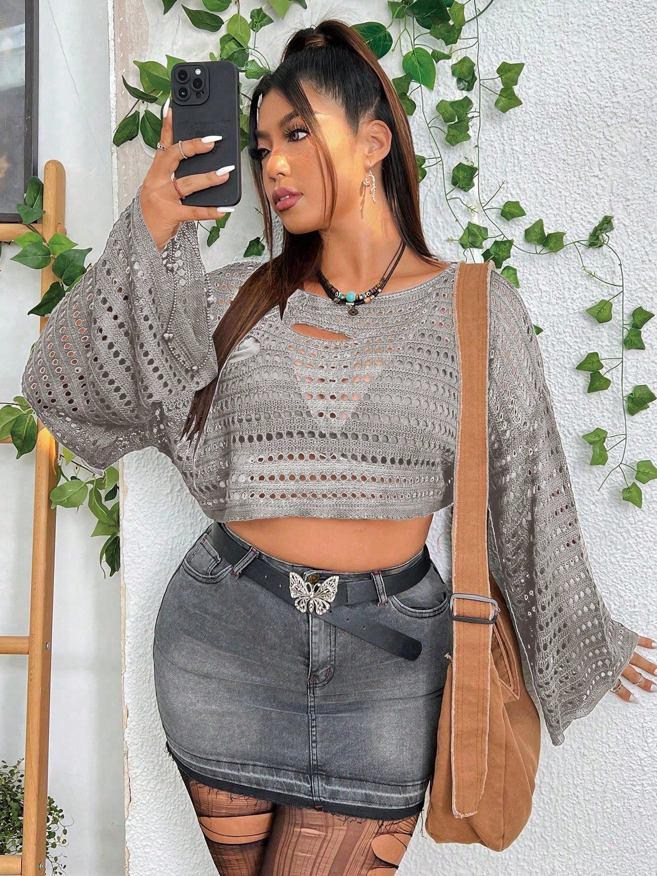 PUNK Plus Size Holiday Solid Color Hollow Out Knitted Cropped Sweater With Flared Sleeves